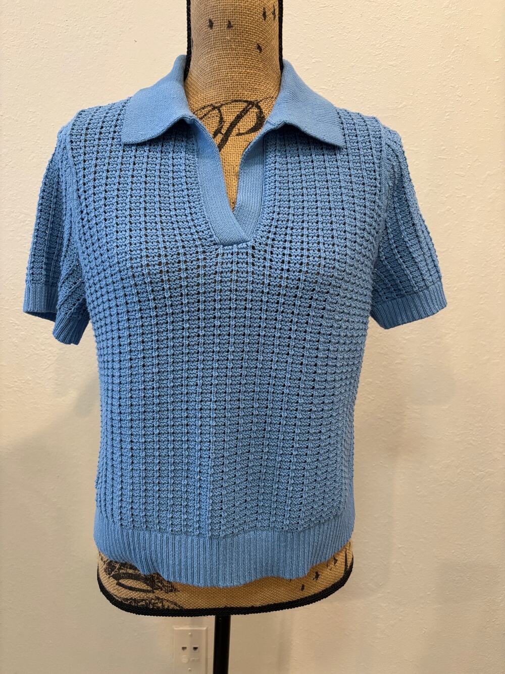 Talbots Polo Open Knit Blue Short Sleeve Sweater Top Large Petite